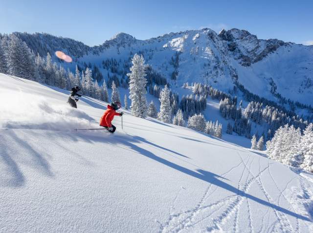 Two skiers gliding down a mountain with fresh snow, mountains in the background