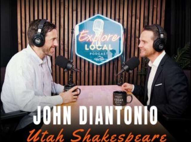 Two podcast hosts recording episode in the Explore Local studio in Cedar City, discussing arts and culture with microphones