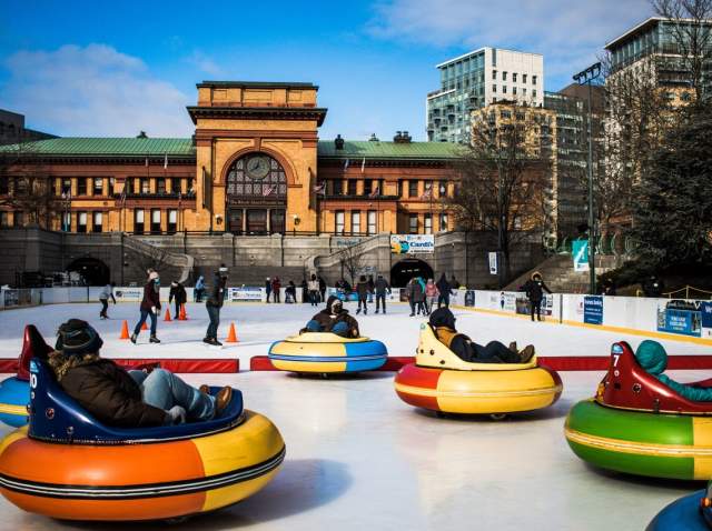 Ice bumper cars and ice skaters at BankNewport City Center