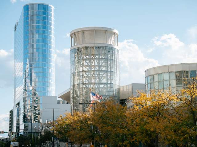Horizontal image of the Salt Palace Convention Center in the fall.