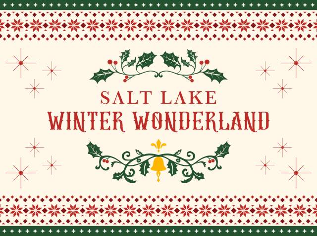 Vintage red, green and gold embroidery looking image with the words Salt Lake Winter Wonderland