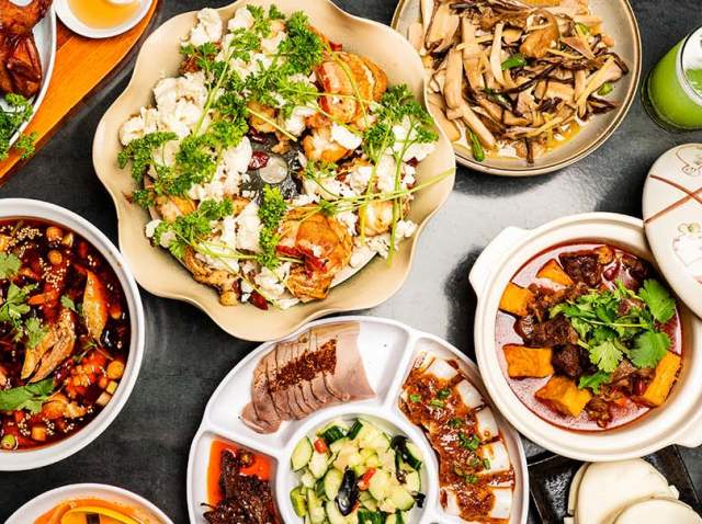 Overhead view of Asian food spread