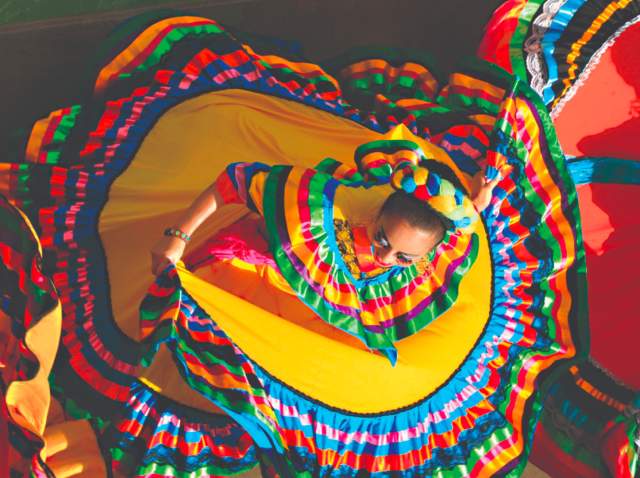 Overhead view of Folklorico dancers in brightly colored dresses