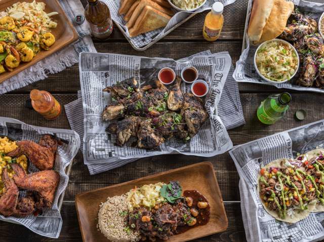 Overhead view of food spread