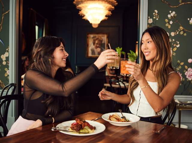 Two girls toasting their drinks