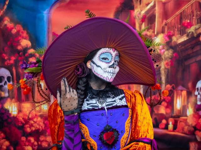 Woman dressed with sugar skull makeup at San Antonio Botanical Garden