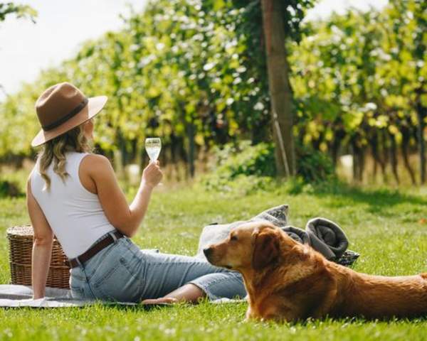 A lady sitting drinking wine among vines with a dog