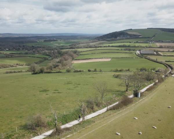An aerial view of the South Downs Way at Cocking with cyclists