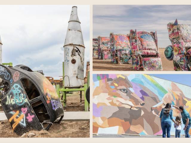 Collage of Amarillo's quirky art installations: a graffitied, tipped-over car and rocket-shaped sculpture; the colorful, spray-painted cars of Cadillac Ranch; and a family viewing a vibrant, abstract mural of animals.