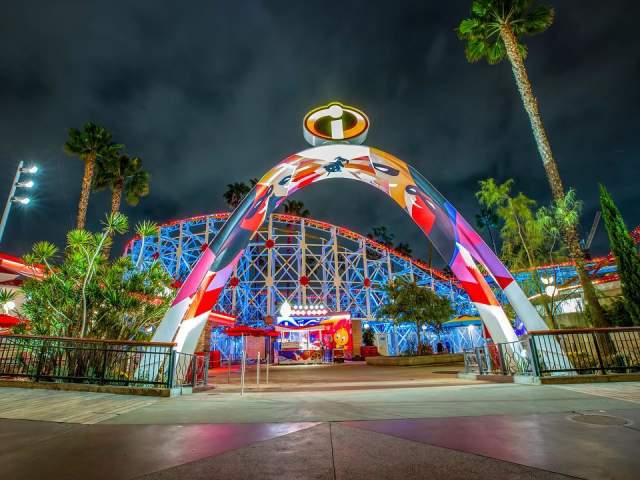 Pixar Pier Incredicoaster at Disney California Adventure Park at night.