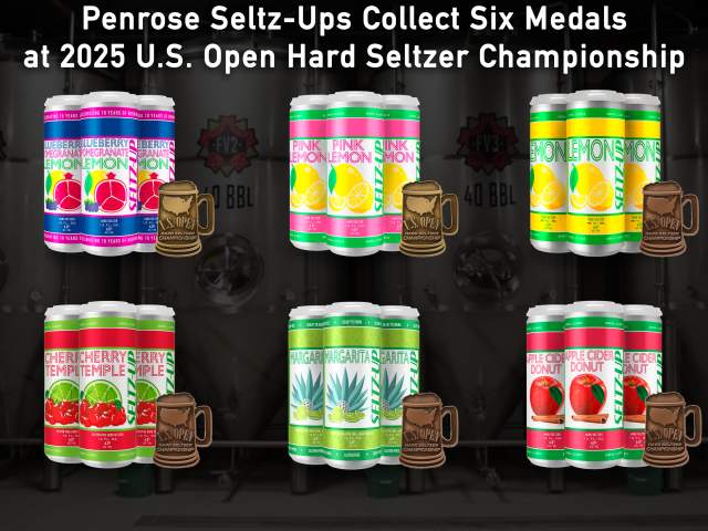 The lineup of award-winning hard seltzers by Penrose Brewing, recognized with medals at the 2025 U.S. Open Hard Seltzer Championship. Top left to right: Blueberry Pomegranate Lemon Seltz-Up; Pink Lemon Seltz-Up; Lemon Seltz-Up. Bottom left to right: Cherry Temple Seltz-Up; Margarita Seltz-Up; Apple Cider Donut Seltz-Up.