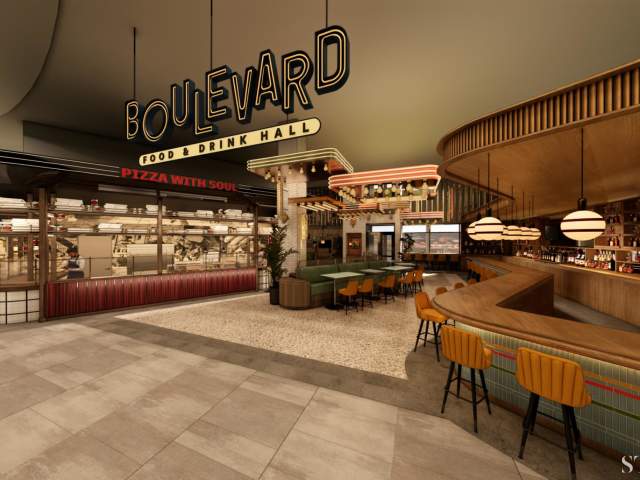 Rendering of the Boulevard Food & Drink Hall at the all-new land-based Hollywood Casino Aurora