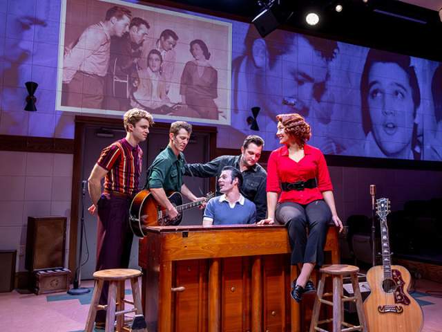 (from left) Garrett Forrestal plays Jerry Lee Lewis, Bill Scott Sheets is Johnny Cash, Alex Swindle plays Elvis Presley, Matt McClure is Carl Perkins and Madison Palmer is Dyanne, here reenacting the famous photo from their 1954 Sun Studio recording session, in Million Dollar Quartet, the inaugural production at Paramount Theatre’s new Stolp Island Theatre, 5 E. Downer Place, Suite G, in downtown Aurora. Performances have already been extended through December 29, 2024 due to popular demand. Tickets: paramountaurora.com or (630) 896-6666.