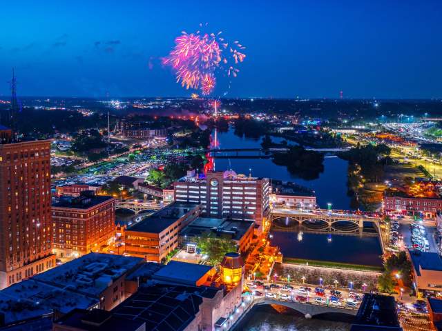 Fireworks over the Fox River in Aurora, Illinois