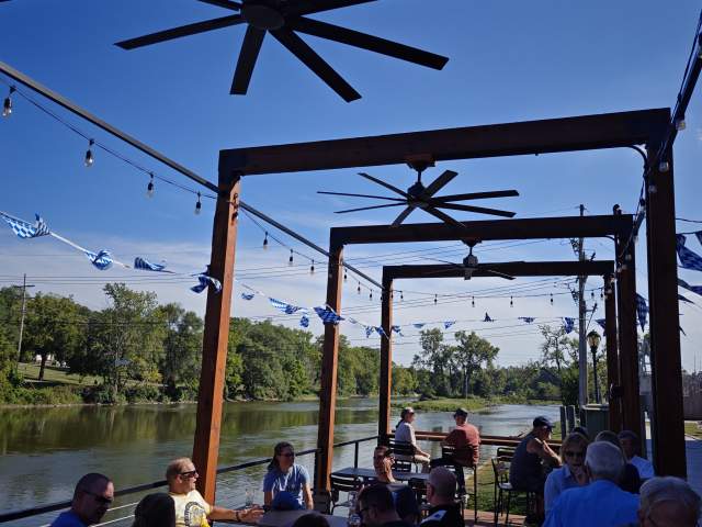 The riverfront patio at Sturdy Shelter Brewing in Batavia, Illinois, during Oktoberfest 2026