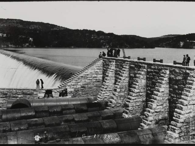 Historic image of one of the dams along the Colorado River in Austin, Texas.