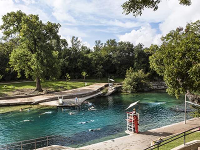 People swimming in Barton Springs Pool with lifeguard in stand