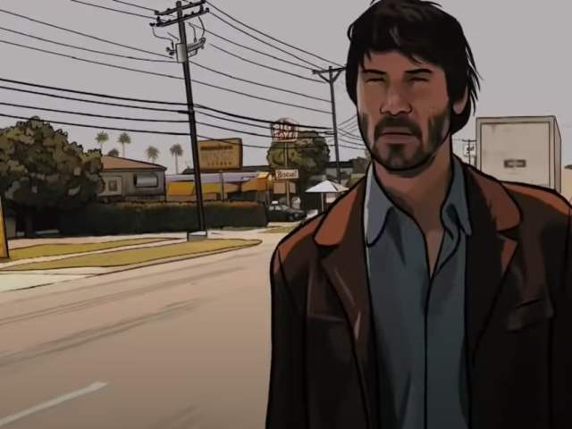 A Scanner Darkly screengrab showing Keanu Reeves walking down a street