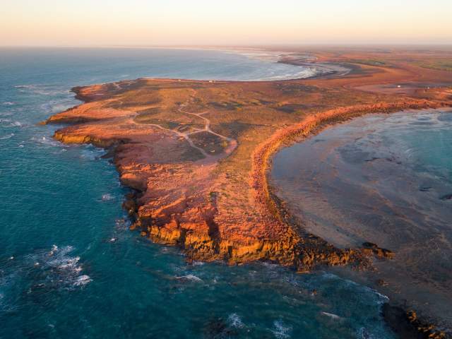 Aerial view of the coastline and the camping area at Cape Keraudren on the Pilbara Coast