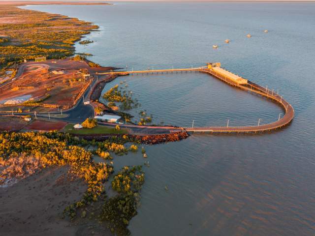 Aerial view of Derby Jetty, showing its unique horseshoe shape.