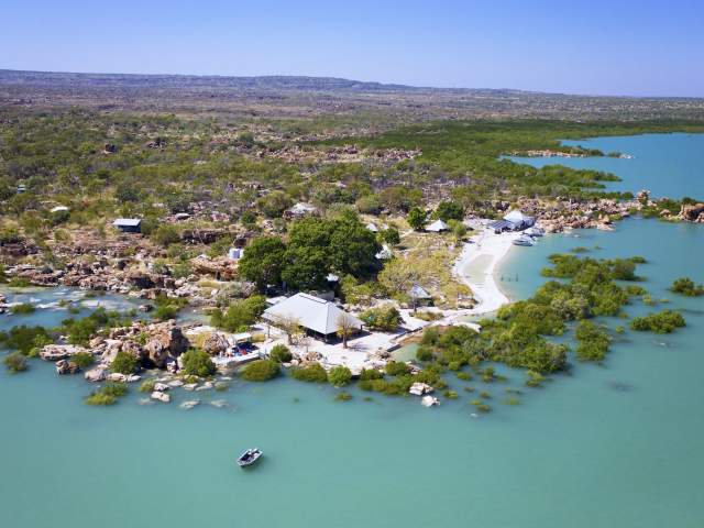 Aerial view of the Kimberley Coastal Camp looking back from over the water