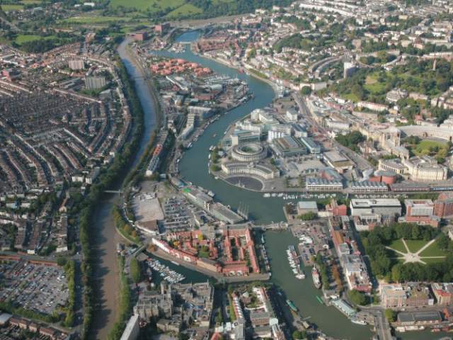 An aerial view of Bristol Harbourside & the New Cut