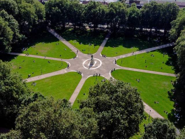 An aerial view of Queen Square park in central Bristol