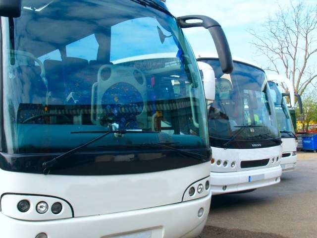 Two white coaches parked next to each other in a car park