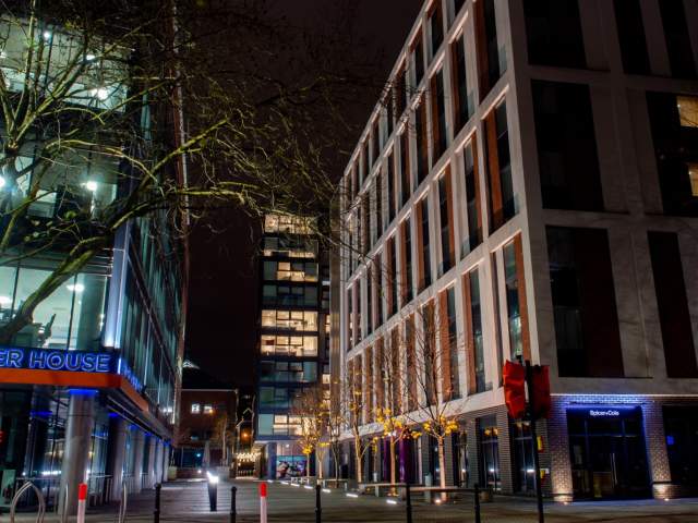 Buildings in the Finzels Reach development in the Redcliffe area of Bristol by night