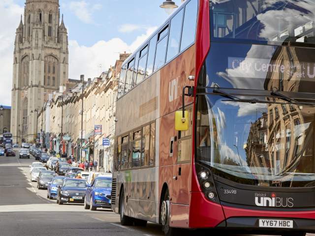 A red U1 Uni Bus at the bottom of Park Street - Credit First Bus