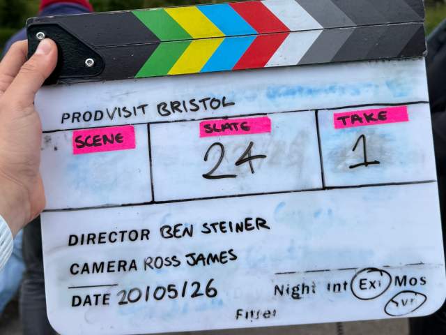 A film clapper board with Visit Bristol and the number 24 written on it