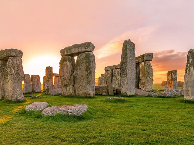 A view of the Stonehenge monument near Bristol at sunset