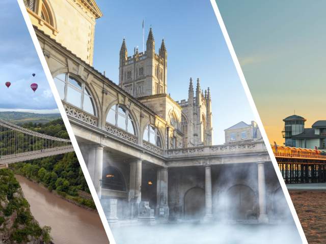 A trio of images of Clifton Suspension Bridge, The Roman Baths and The Grand Pier