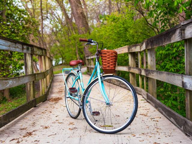 Izzy the Bike on the Rivergreenway Trail in Johnny Appleseed Park