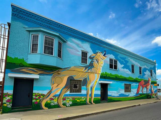 A two-story mural of a howling wolf and foxes, located at 4th and Wells Streets in Fort Wayne. Painted by artist Jerrod Tobias.