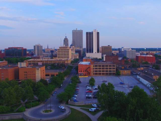 Fort Wayne, Indiana skyline aerial view above Headwaters Park at Sunset