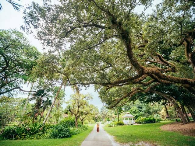 Woman walking along path at Flamingo Gardens Botanical Garden and Everglades Wildlife Sanctuary