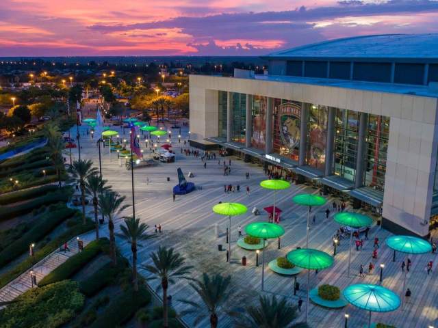 Aerial shot of FLA Live Arena at Sunset
