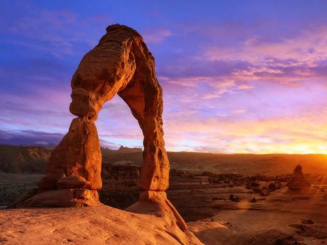 Delicate Arch, within Arches National Park, at sunset.