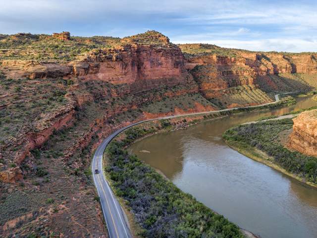 Aerial view of a scenic drive along the Colorado River.