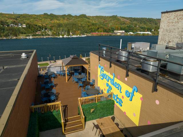Drone shot of The Den's new patio overlooking the Houghton waterfront in downtown Houghton.