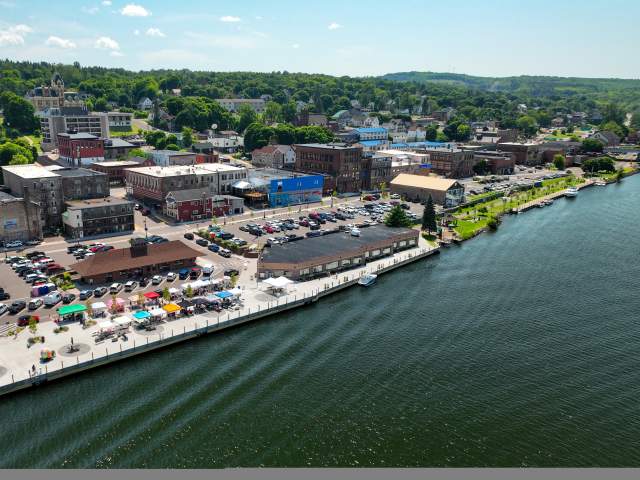 aerial view of a downtown waterside market