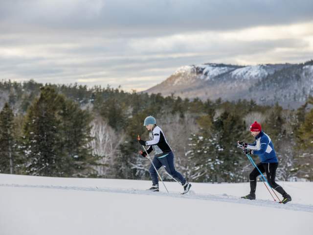 Two skiers cross country ski with mountainous views in background.
