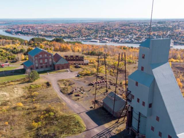 Aerial of Fall color at Quincy Mine