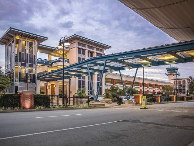 Exterior of airport with walkway awning