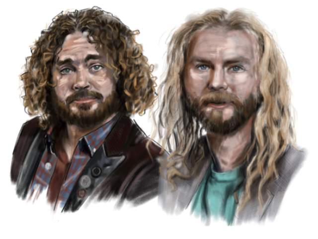 Illustration of two men with long curly hair