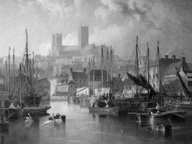 A painting of the Brayford Waterfront from 1800 showing boats and the cathedral in the distance.