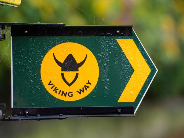A close up shot of the Viking Way footpath sign in the Lincolnshire Wolds.