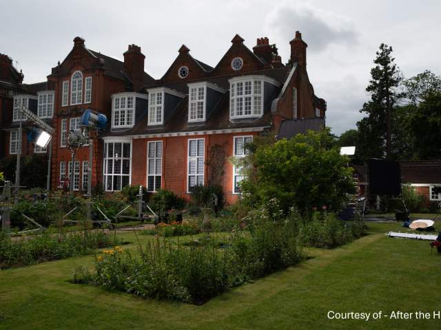 Camera and recording crew and equipment outside the Jane Harrison Room at Newnham College