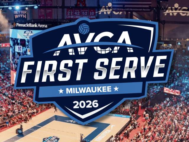AVCA First Serve 2026 logo layered on a photo of a volleyball court and crowd from an overhead perspective.